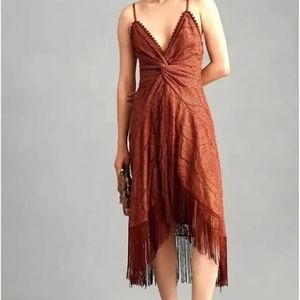NWT Anthropologie Bhanuni by Jyoti Crochet Fringe Brown Dress Sz S.